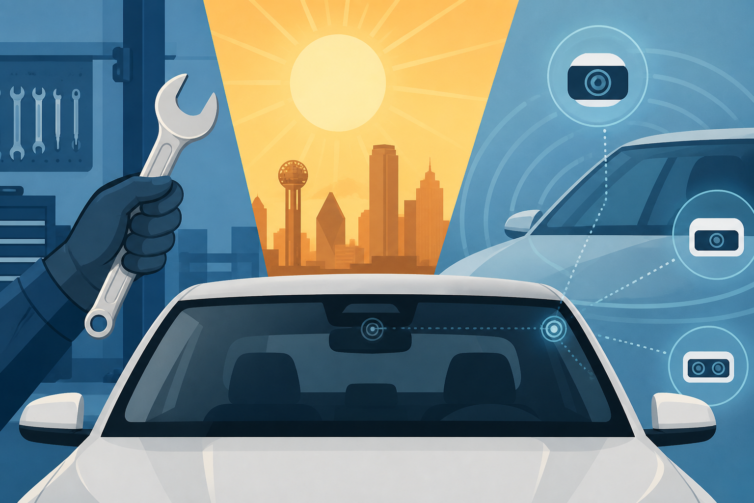 Dallas illustration of labor, Texas heat, and ADAS camera factors that change windshield replacement pricing