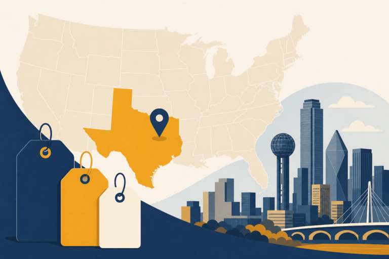 Map of the United States highlighting Texas with a Dallas pin and blank price tags showing location impact on windshield cost