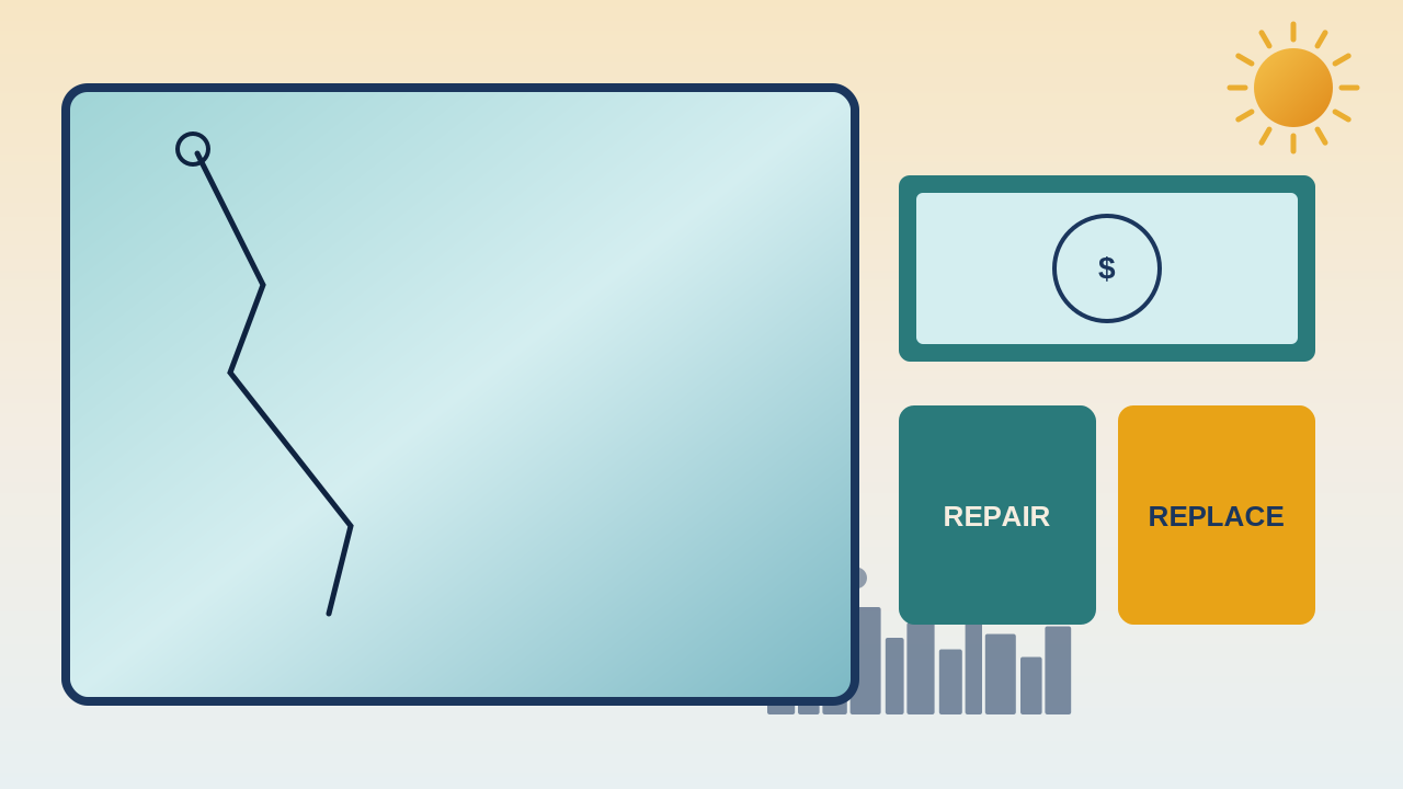Close-up Dallas auto glass illustration comparing a small repairable crack to a longer crack that needs replacement