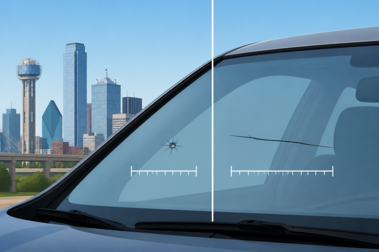Crack-size comparison on a Dallas windshield from a small chip to a long crack