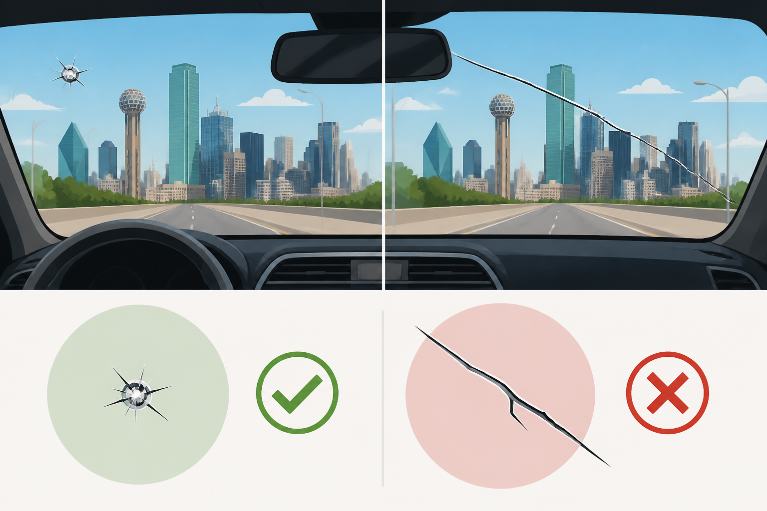Dallas comparison of a repairable chip versus a long crack in the driver view