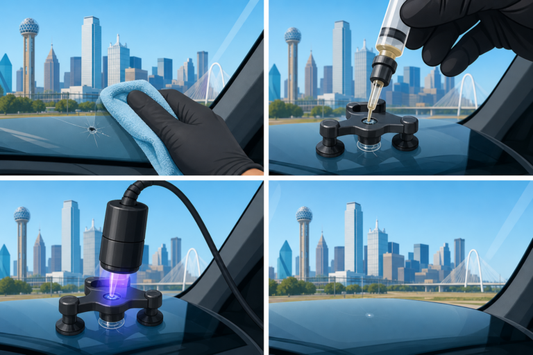 Dallas shop process of cleaning, injecting resin, and UV-curing a windshield chip