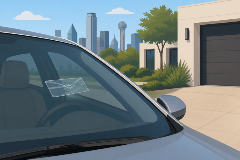 Clear tape on a windshield chip as a temporary stop in a Dallas driveway