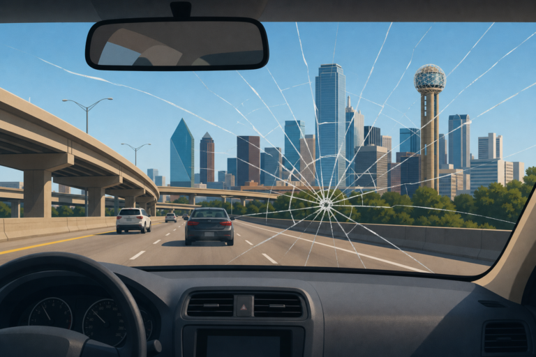 Cracked windshield on a sedan driving a Dallas highway