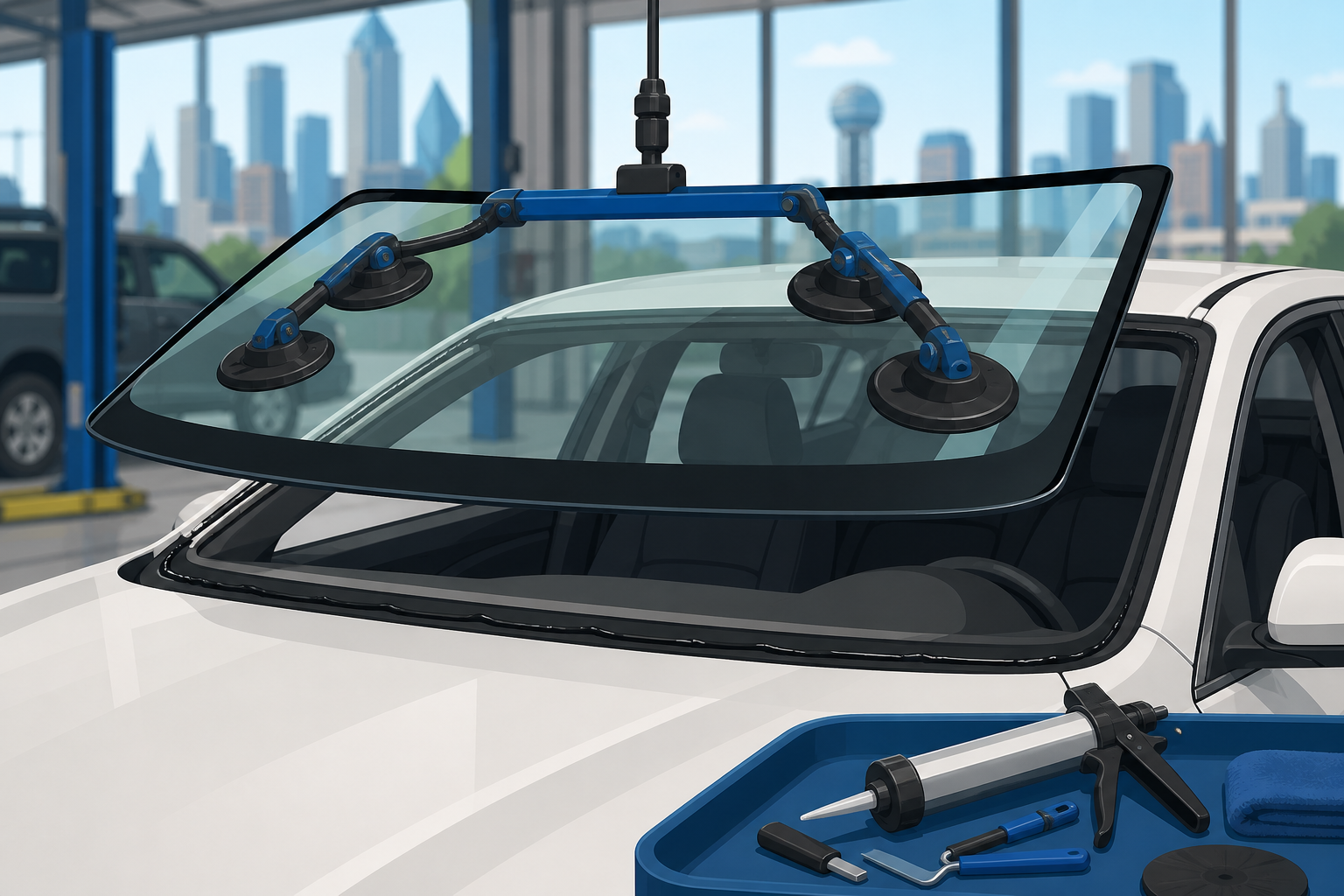 Close Dallas shop illustration of a new windshield being lowered onto fresh urethane with suction cups