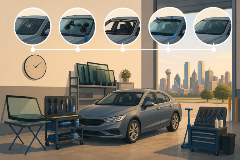 Dallas auto glass shop illustration showing a sedan, tools, and a timeline of a windshield replacement