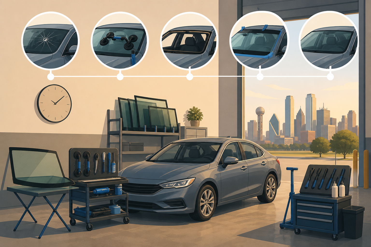 Dallas auto glass shop illustration showing a sedan, tools, and a timeline of a windshield replacement