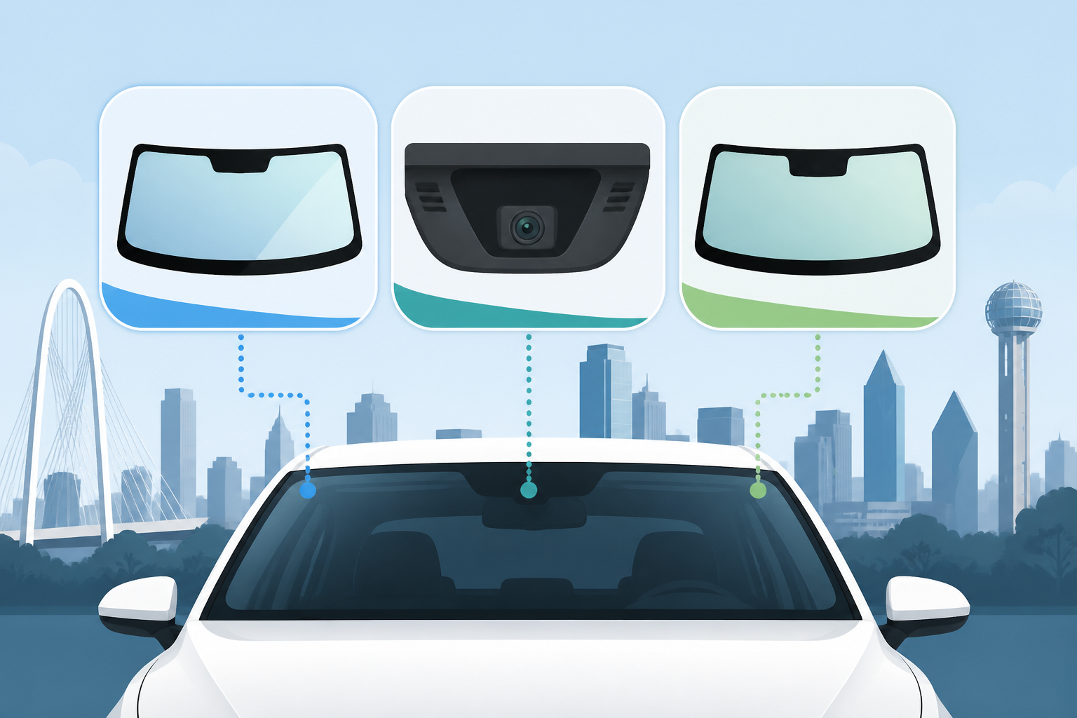 Dallas icons of OEM versus aftermarket front glass plus an ADAS camera
