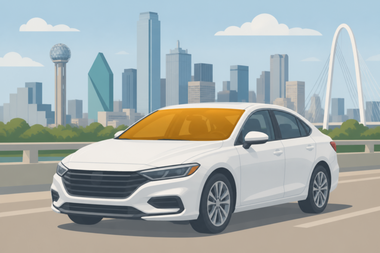 Front windshield highlighted in amber on a Dallas sedan