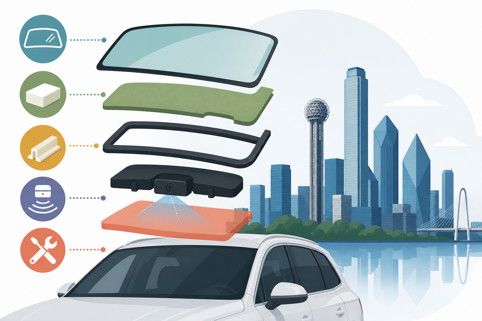 Dallas cost-stack icons for glass, urethane, moldings, ADAS, and labor