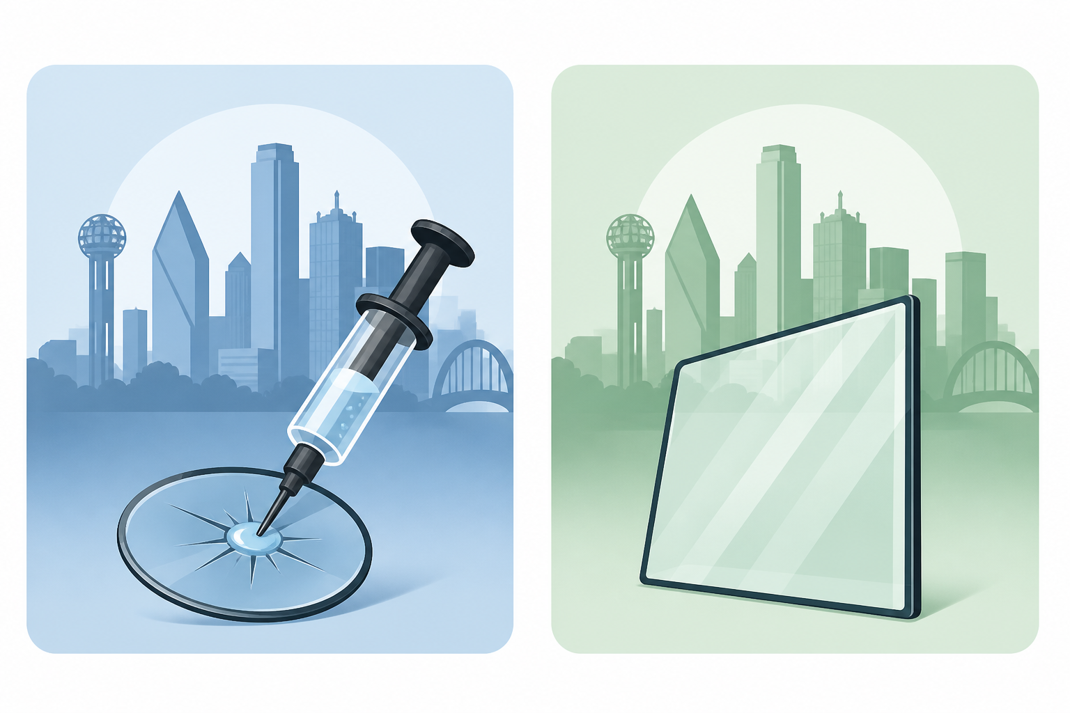 Dallas side-by-side icons of windshield chip repair versus full glass replacement