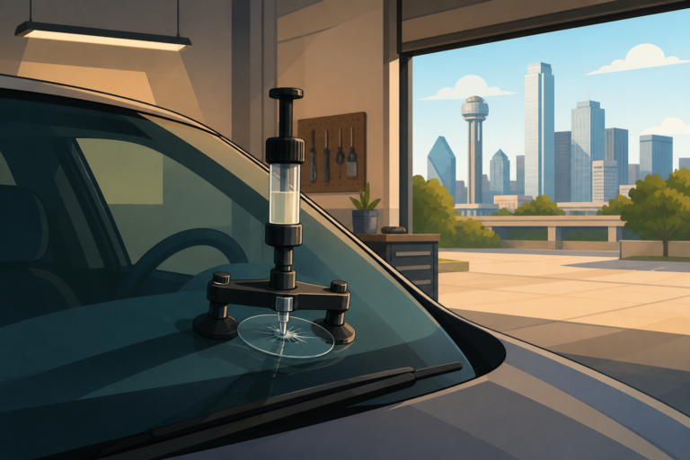 Dallas shop illustration of a resin injector repairing a bullseye chip on a windshield
