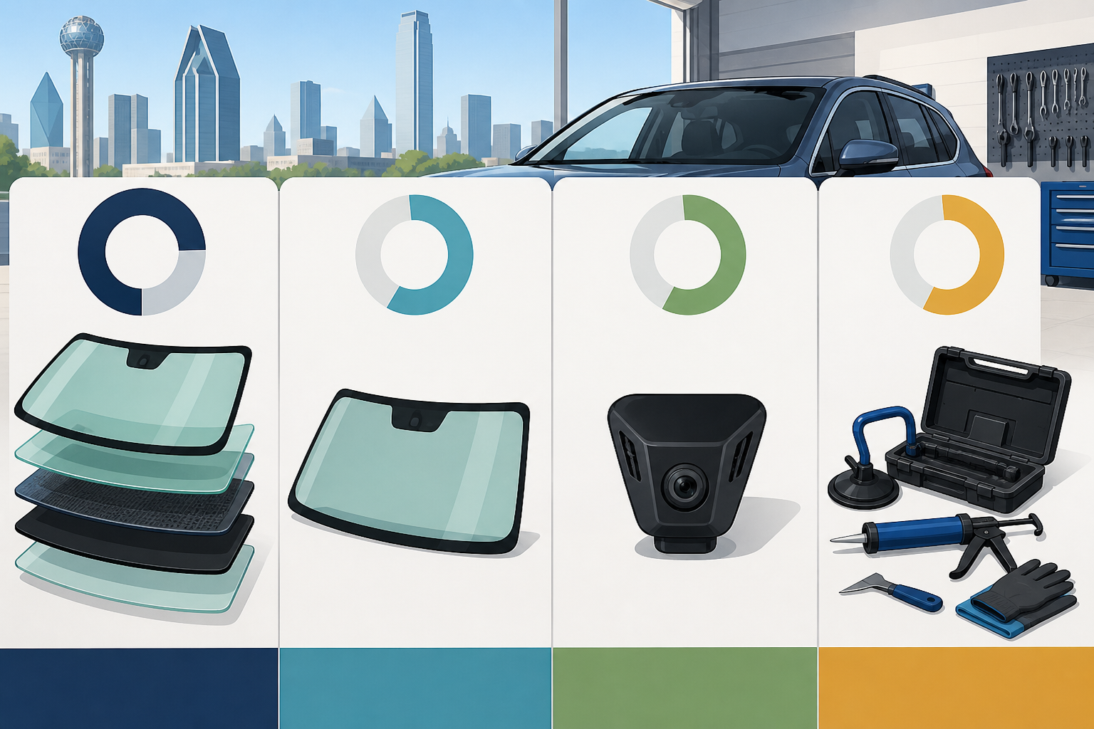 Dallas shop infographic of windshield replacement cost factors including glass layers, ADAS camera, and tools