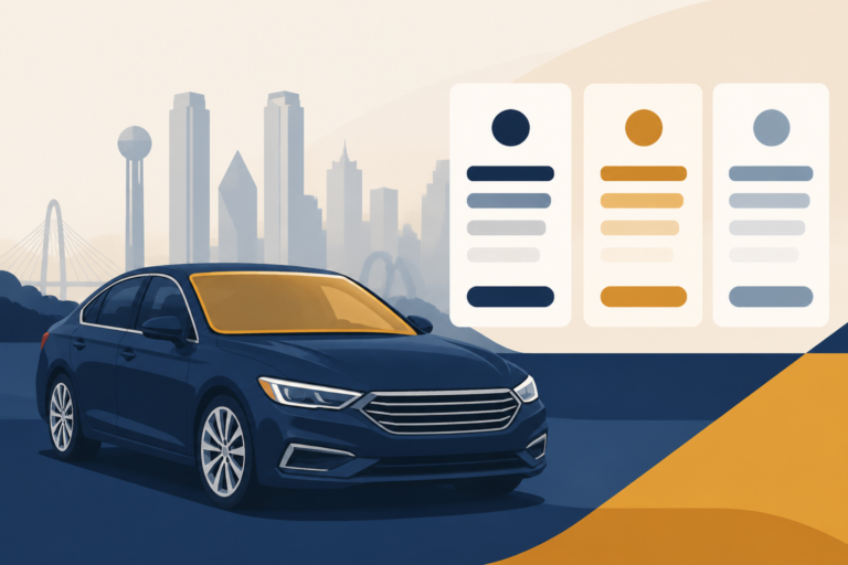 Dallas sedan with a highlighted windshield and abstract price-range cards for average replacement cost