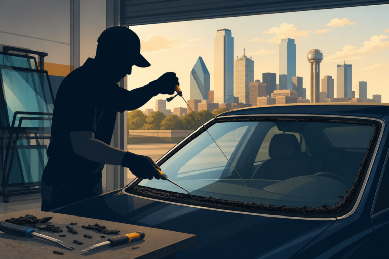 Illustrated Dallas auto glass technician removing old windshield adhesive from a sedan frame in a shop with the Dallas skyline beyond the bay