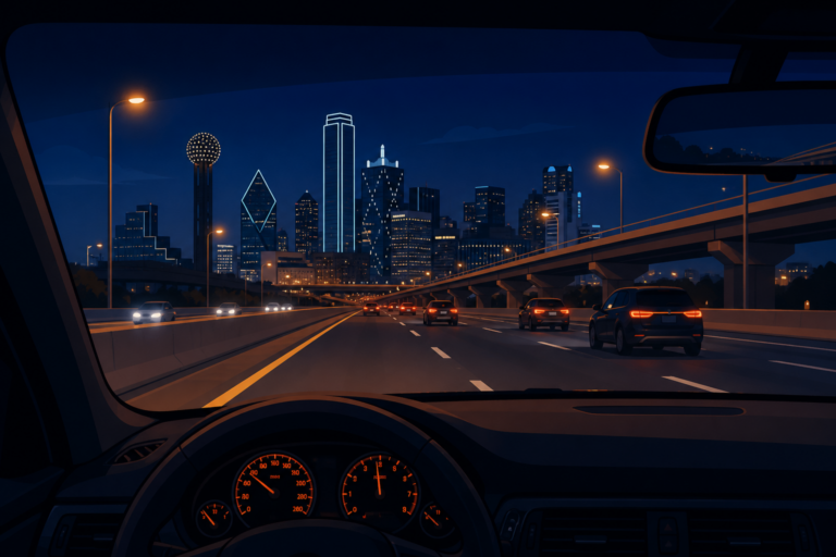 Illustrated clear Dallas front windshield at night on the freeway