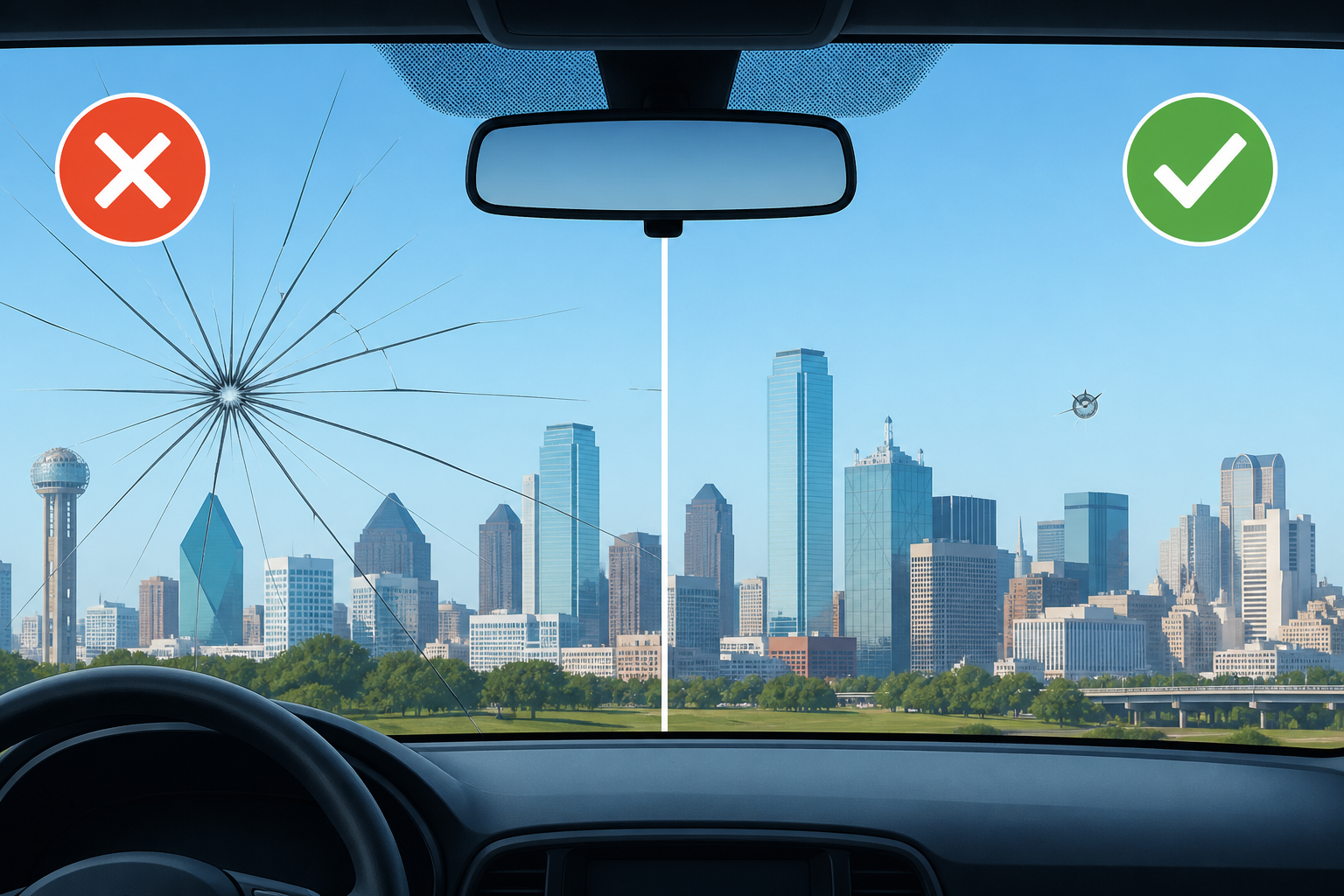 Dallas driver-view comparison of a crack versus a small chip