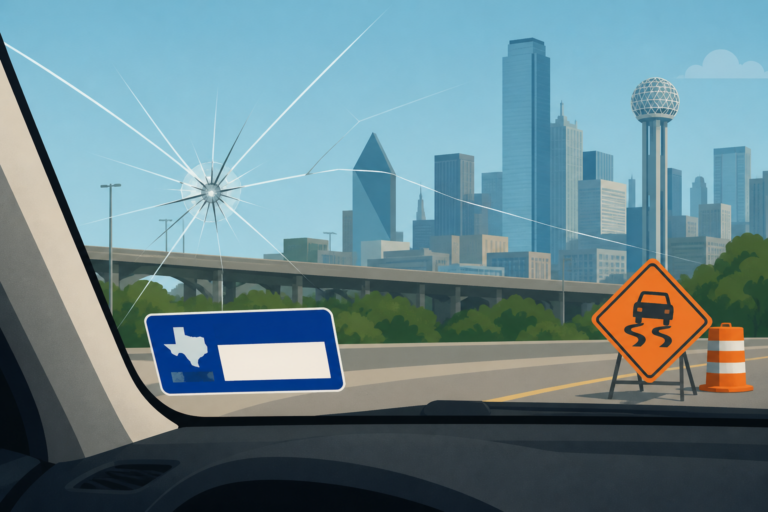 Texas inspection sticker and a cracked windshield in Dallas