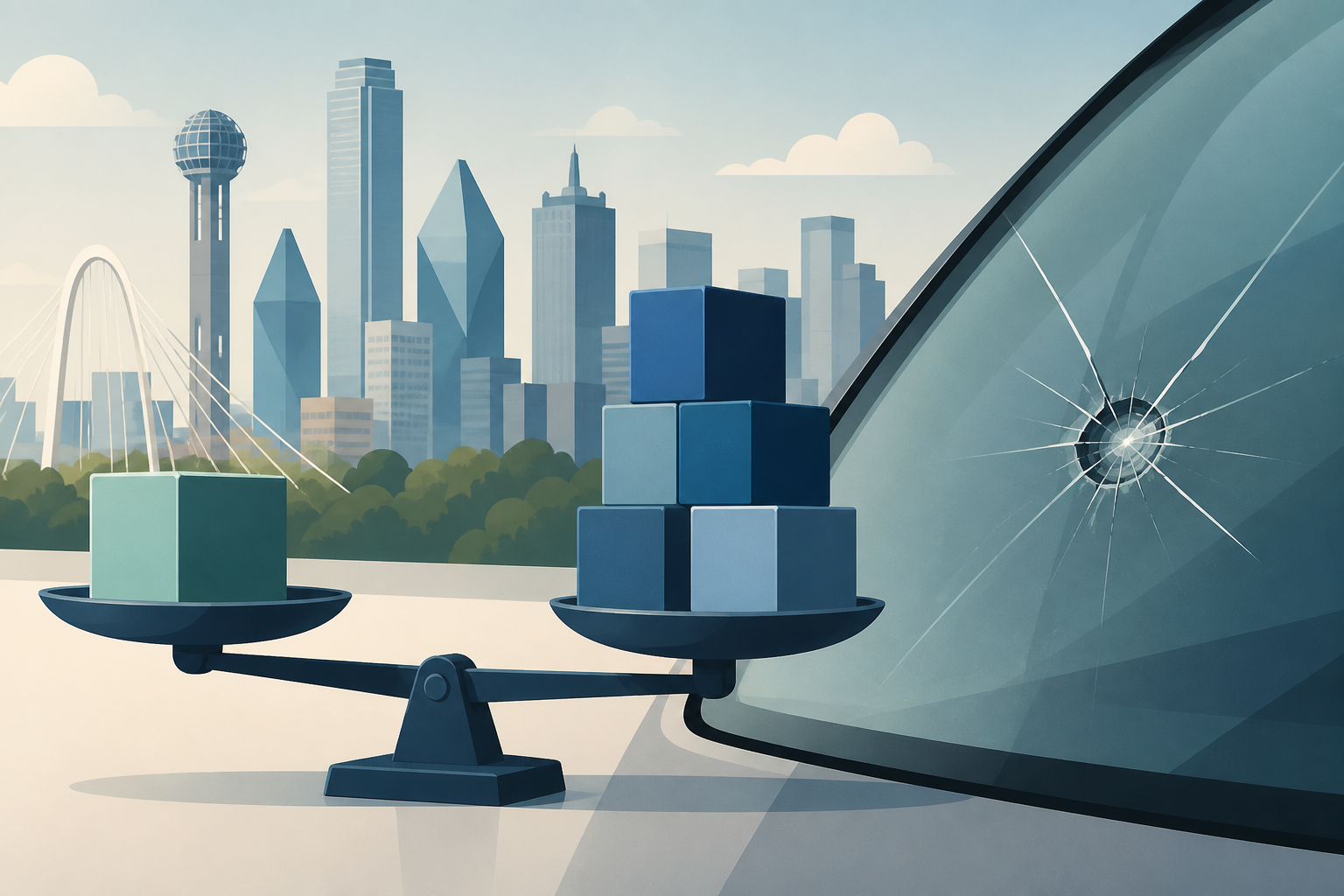 Dallas illustration of a balance scale weighing a deductible against repair costs next to a bullseye windshield chip