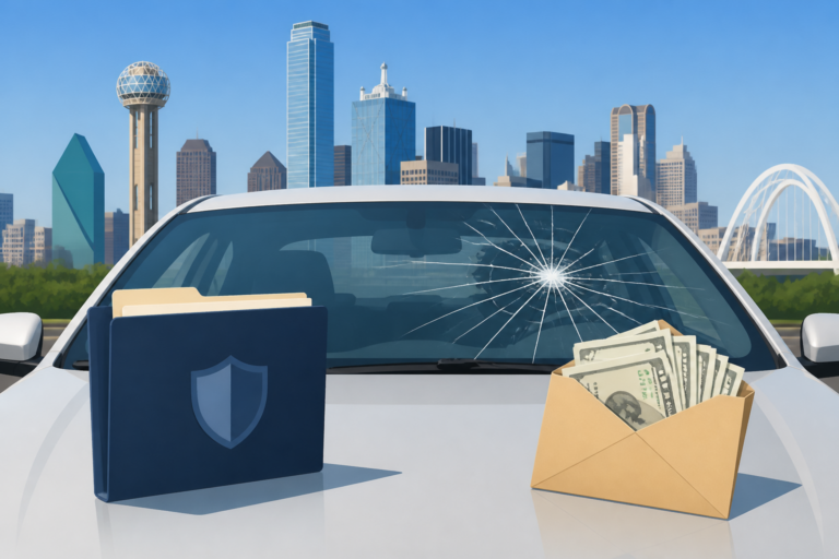 Dallas cracked windshield with a generic insurance folder and cash envelope illustrating the claim versus cash-pay choice