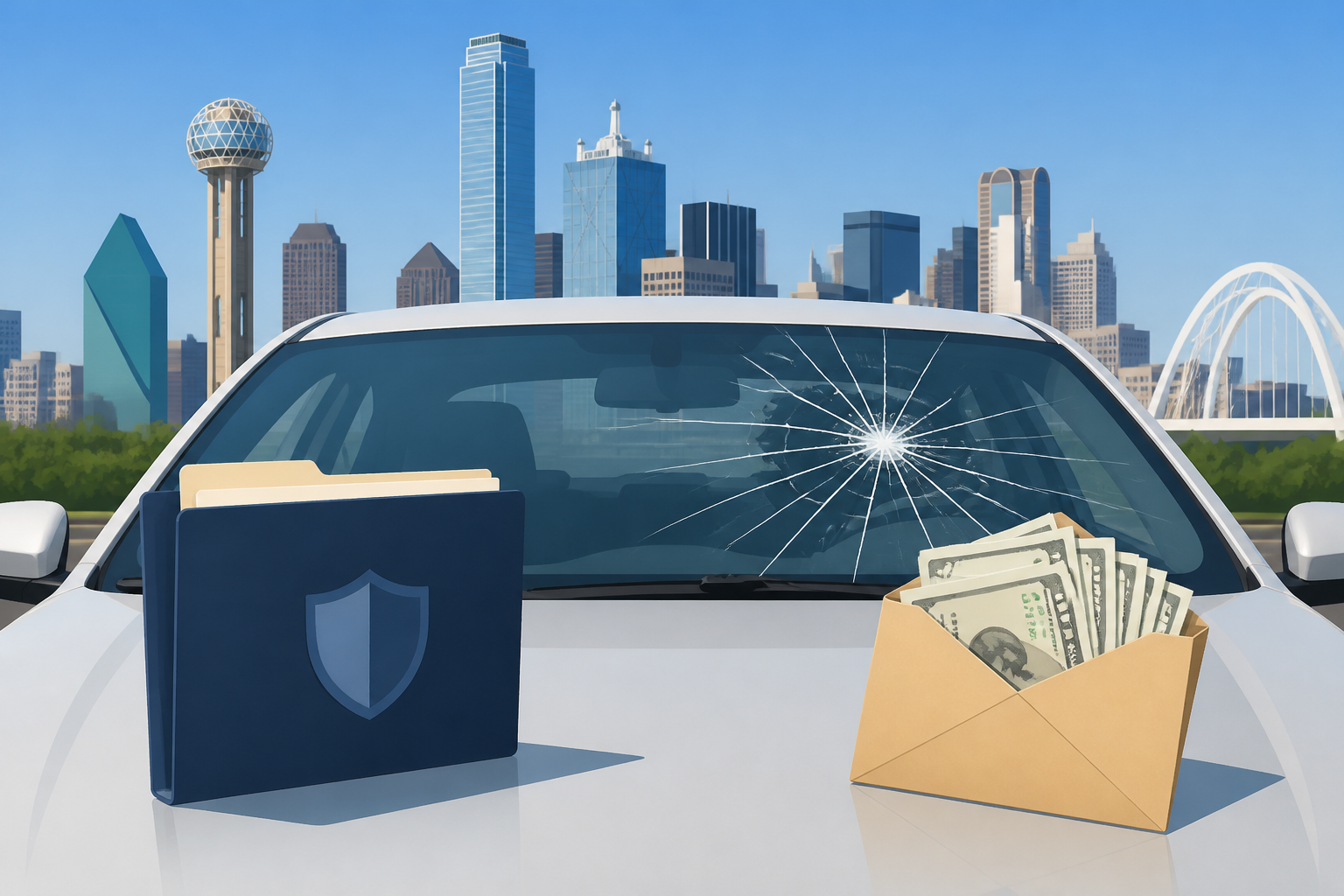 Dallas cracked windshield with a generic insurance folder and cash envelope illustrating the claim versus cash-pay choice