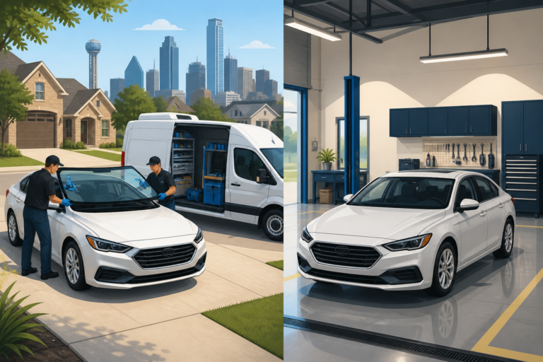 Split illustration of mobile Dallas driveway windshield replacement versus a clean indoor auto glass shop bay