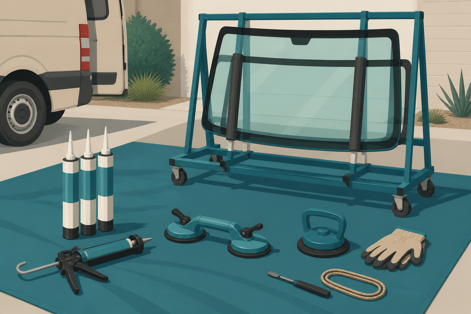 Illustrated mobile auto glass tools for Dallas windshield service