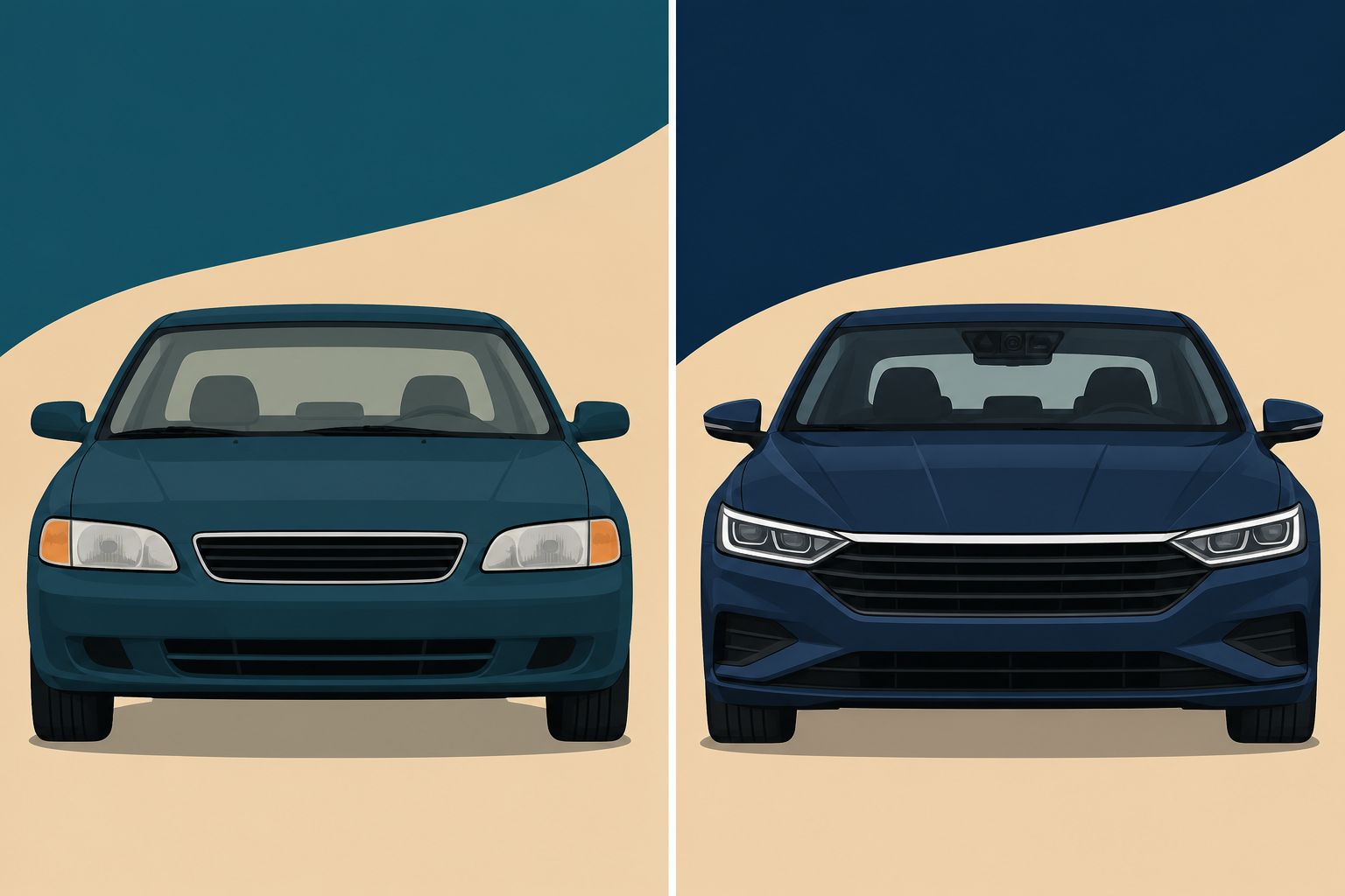 Side-by-side Dallas illustration of an older simple Altima windshield versus a newer camera-equipped windshield.
