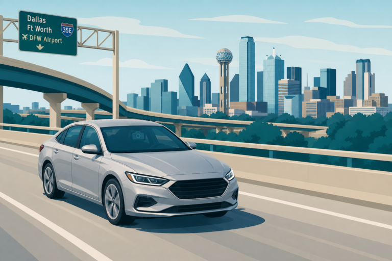Silver midsize sedan on a DFW highway overpass with the Dallas skyline, illustrating Nissan Altima windshield replacement cost in Dallas TX.