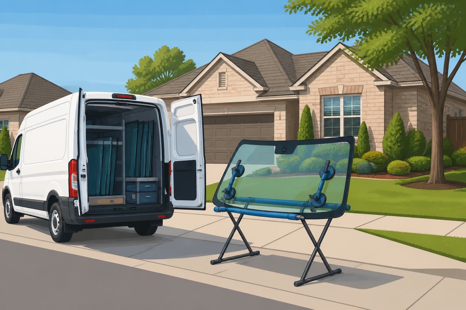 Same-day mobile glass setup with a suction-cup windshield at a Plano house