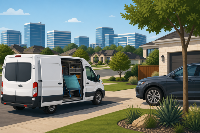 Plano TX suburban street with a mobile windshield van at a driveway