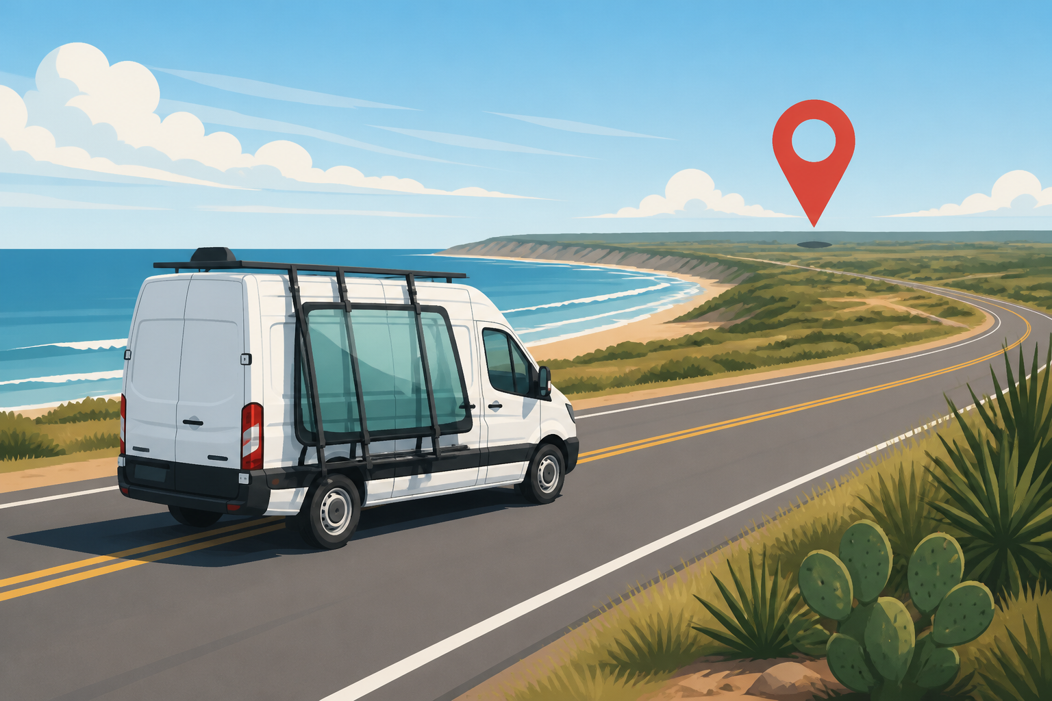 Mobile auto glass van on a coastal Texas highway with a windshield rack