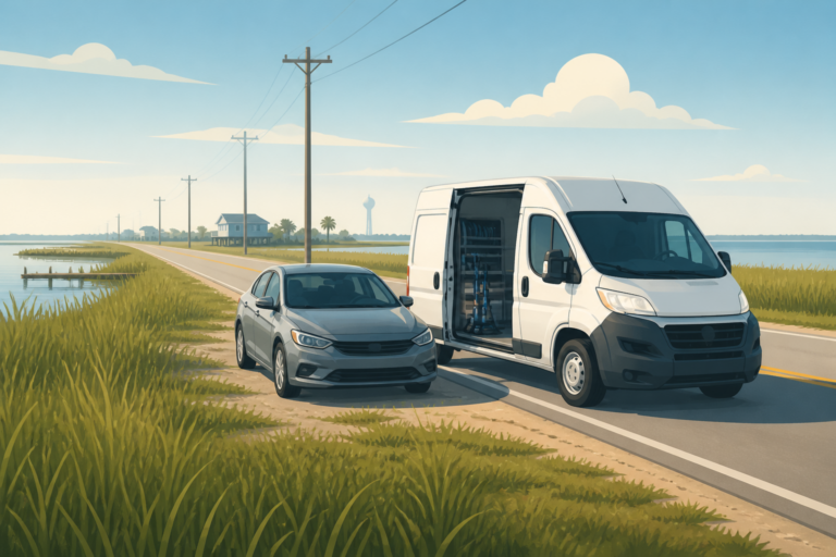 Coastal Texas road with a windshield service van beside a sedan near Sargent