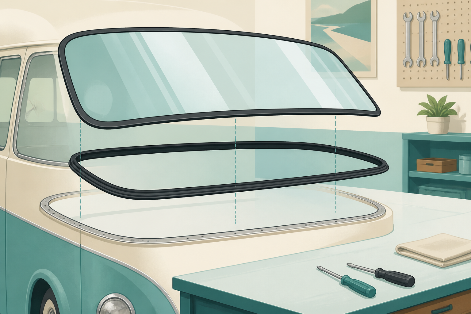 Illustrated curved VW bus windshield and seal for Dallas replacement