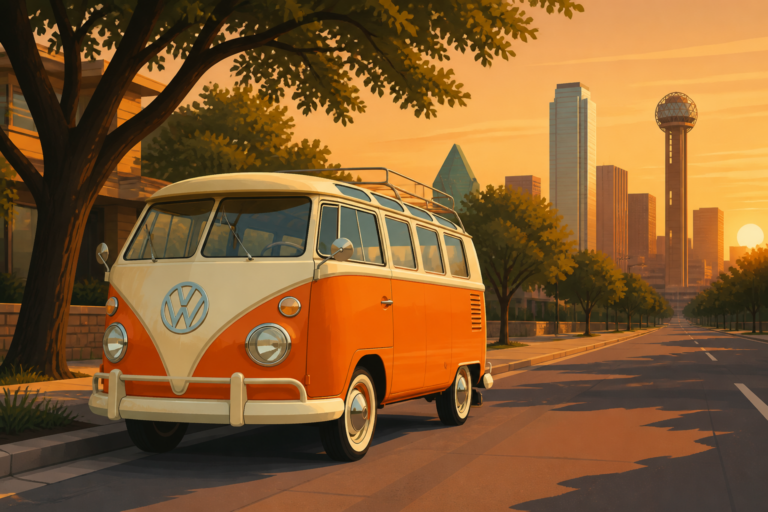 Illustrated vintage VW bus windshield on a Dallas street