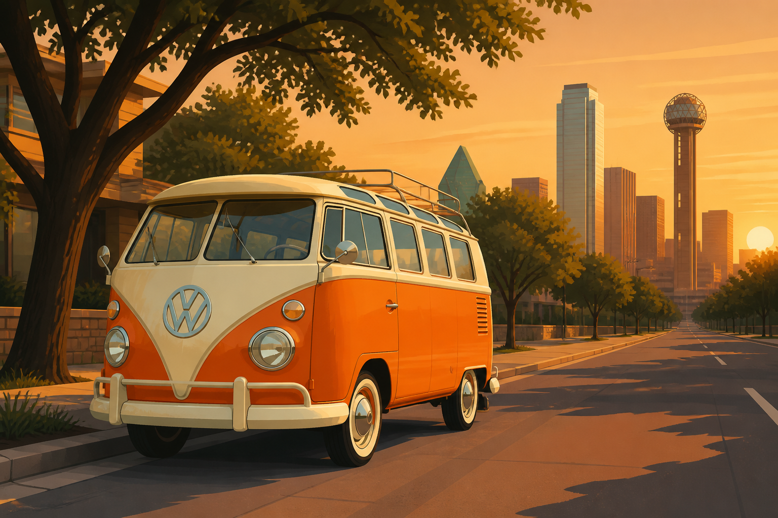 Illustrated vintage VW bus windshield on a Dallas street