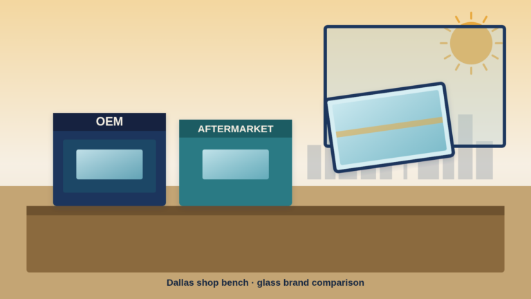 Dallas illustration comparing OEM and aftermarket windshield glass brands used in replacement
