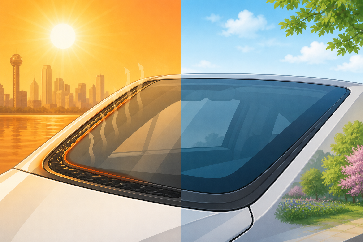 Split Dallas illustration of a windshield urethane edge curing in summer heat versus a mild spring day