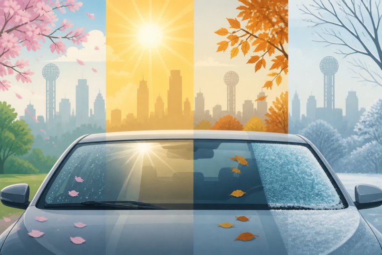 Four-season Dallas illustration of a sedan windshield from spring rain to summer heat, fall leaves, and winter frost with the Dallas skyline