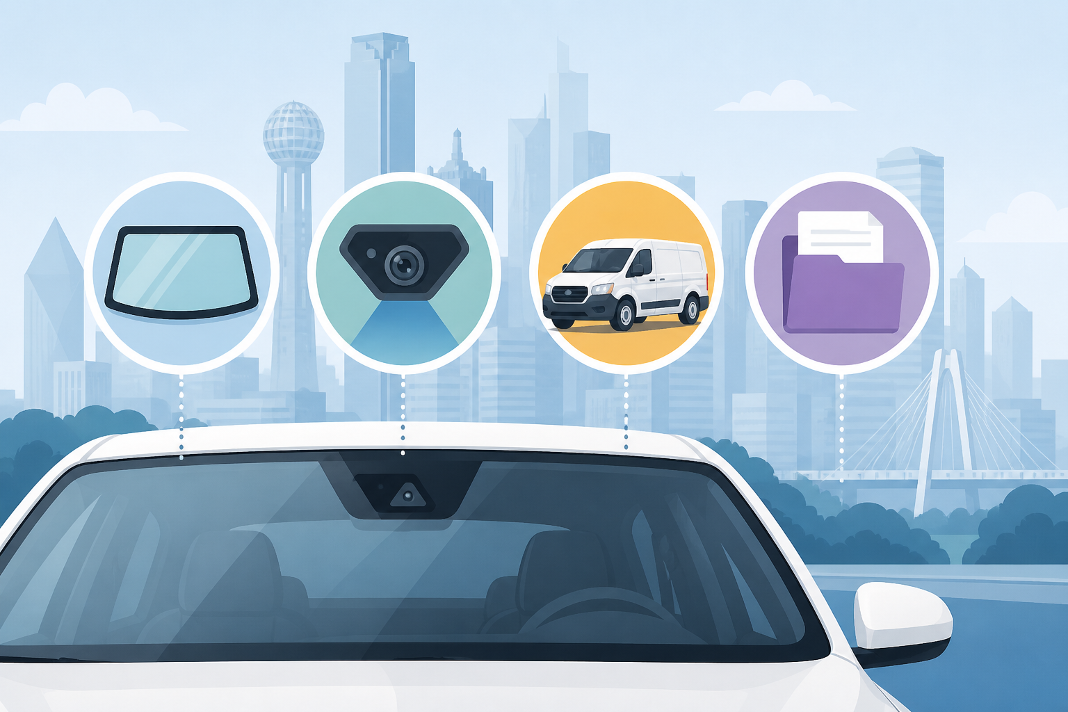 Infographic icons of Dallas windshield cost factors including glass, ADAS camera, mobile van, and insurance