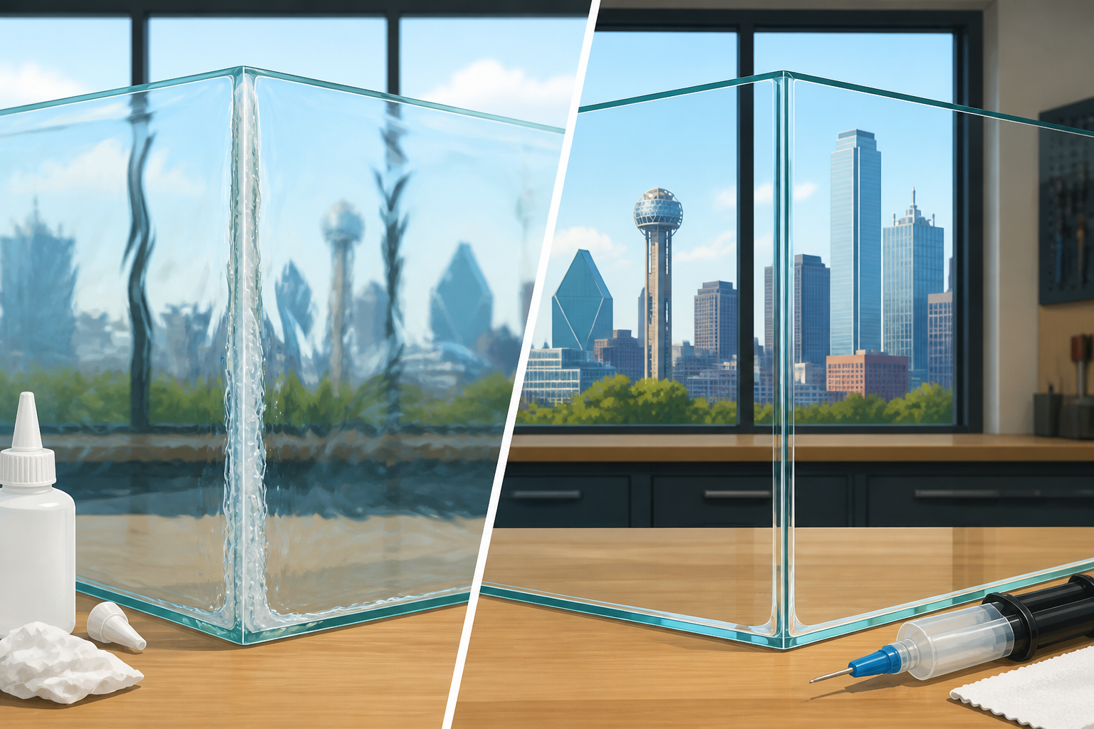 Dallas comparison of cloudy household glue versus a clear resin repair