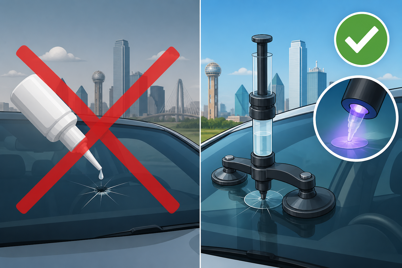 Super glue prohibition versus a proper UV resin injector on a Dallas windshield
