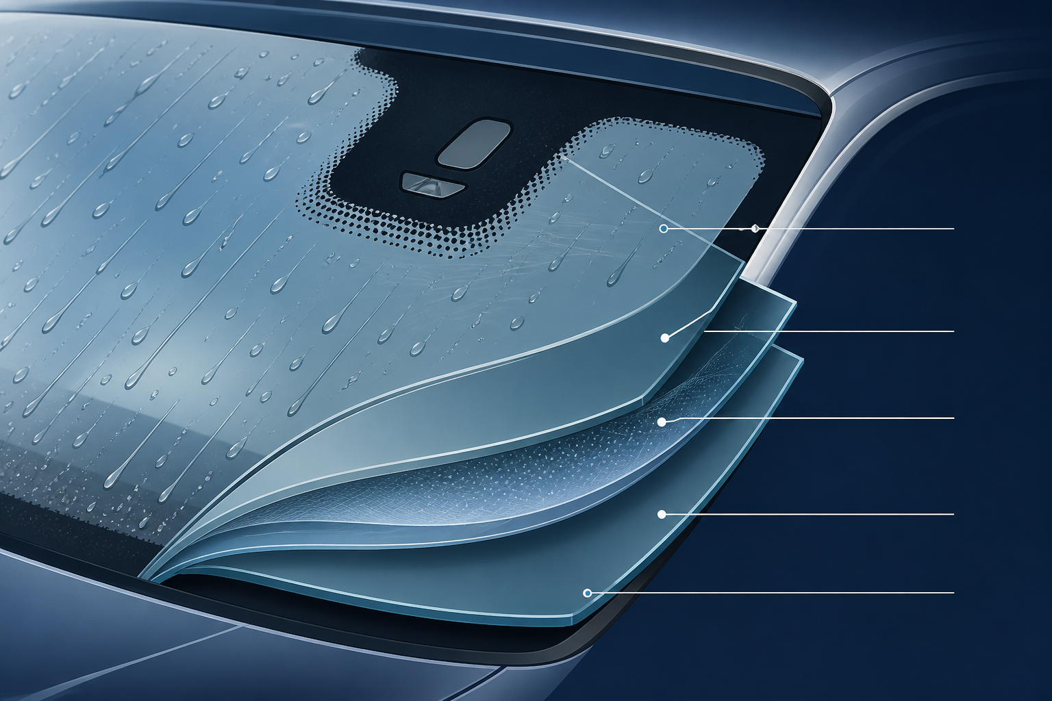 Illustrated Jaguar rain-sensing windshield layers for Dallas auto glass