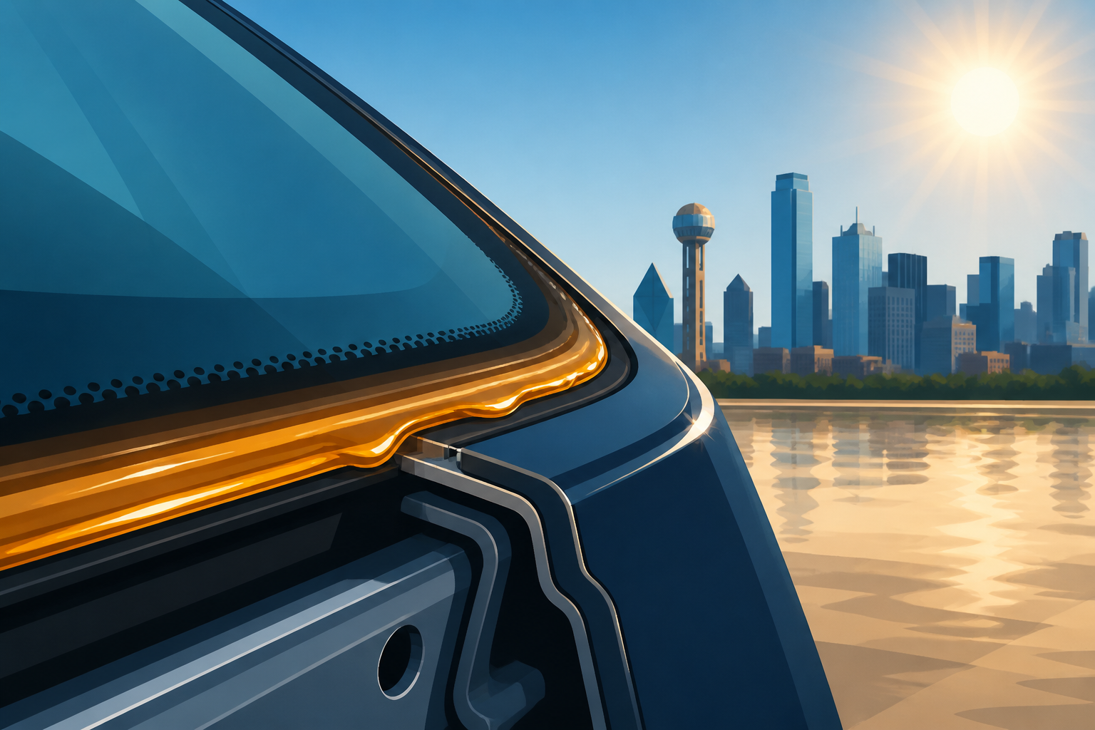 Close Dallas windshield detail of a fresh amber urethane bead curing along the glass edge in sunlight