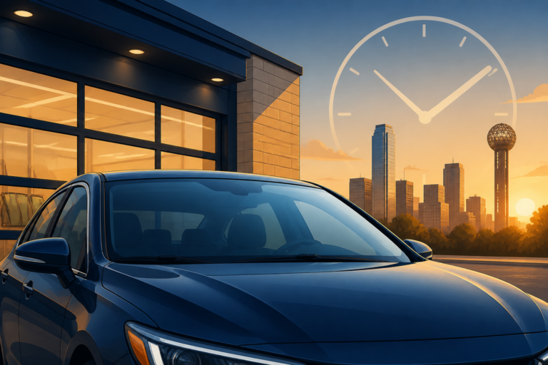 Illustrated Dallas sedan with a newly installed windshield parked at golden hour, a clock motif showing cure time before driving