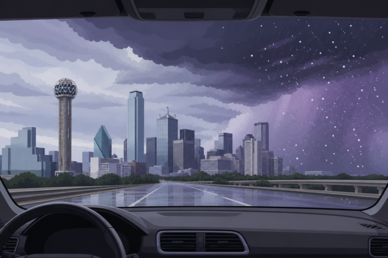 Illustrated Dallas skyline viewed through a clear windshield