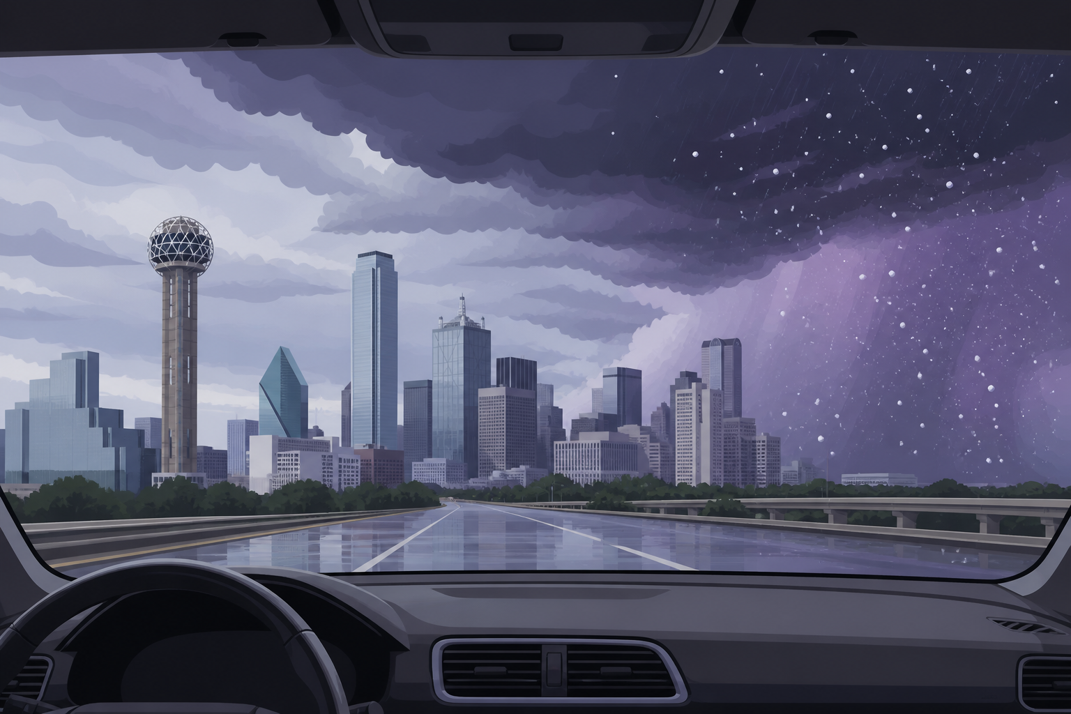 Illustrated Dallas skyline viewed through a clear windshield