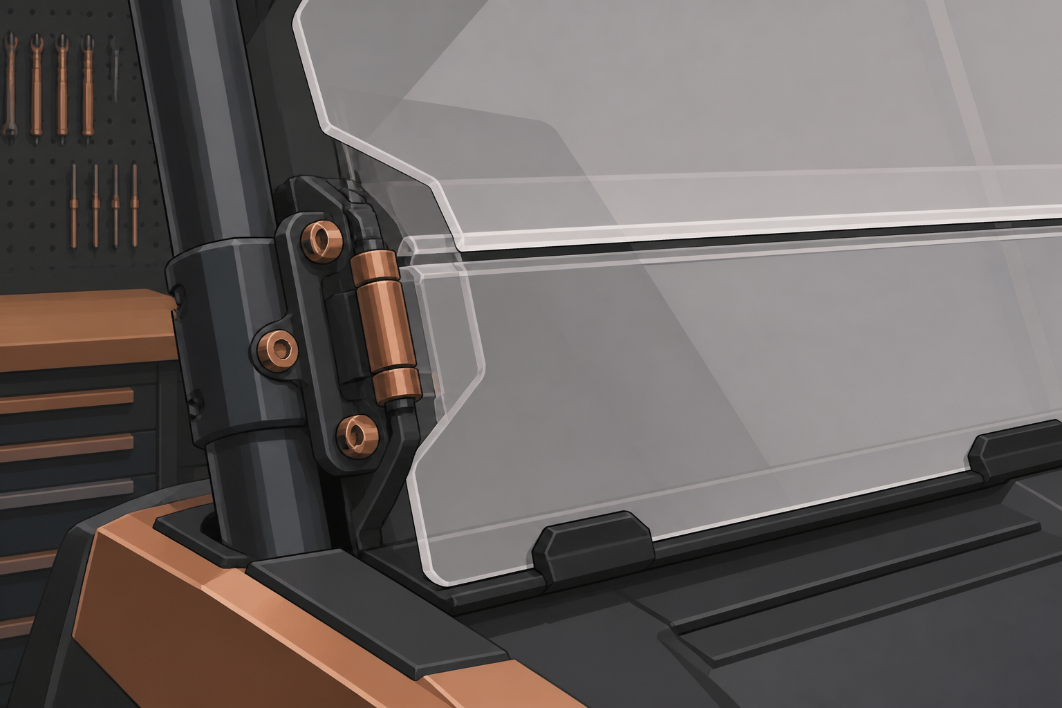 Illustrated UTV folding windshield hardware for Dallas auto glass