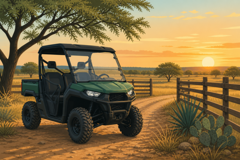 Illustrated Kawasaki Mule style UTV windshield on a Dallas-area ranch
