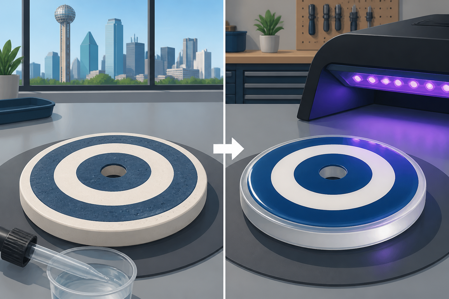 Dallas before-and-after illustration of a bullseye chip filled with resin and cured under a UV lamp